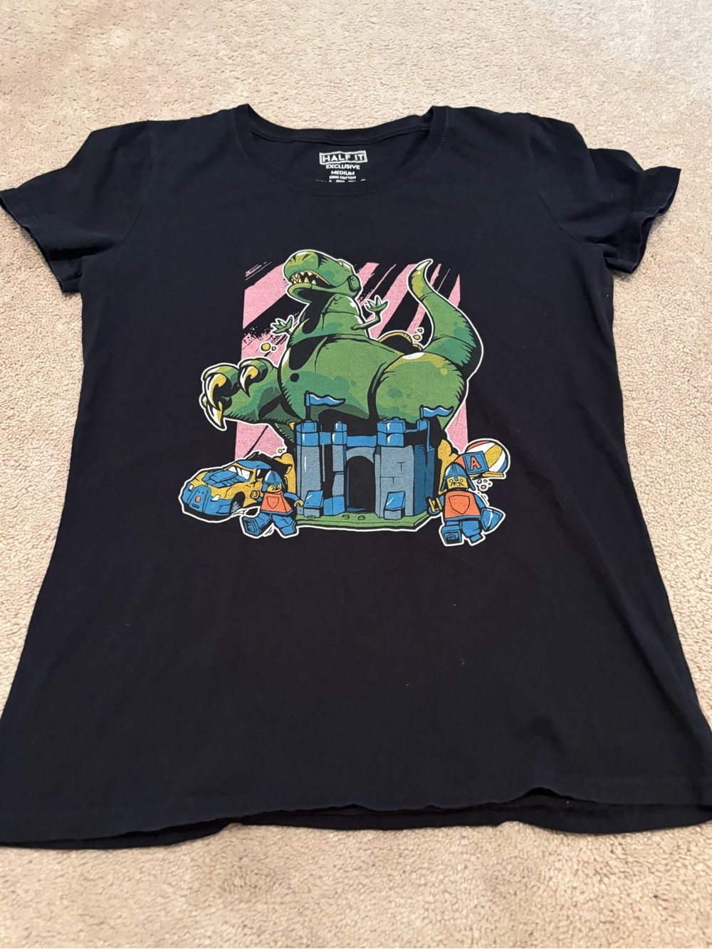 Half It Black Tee Women’s Medium Green Dinosaur Lego Mini Figures T-Shirt Cotton